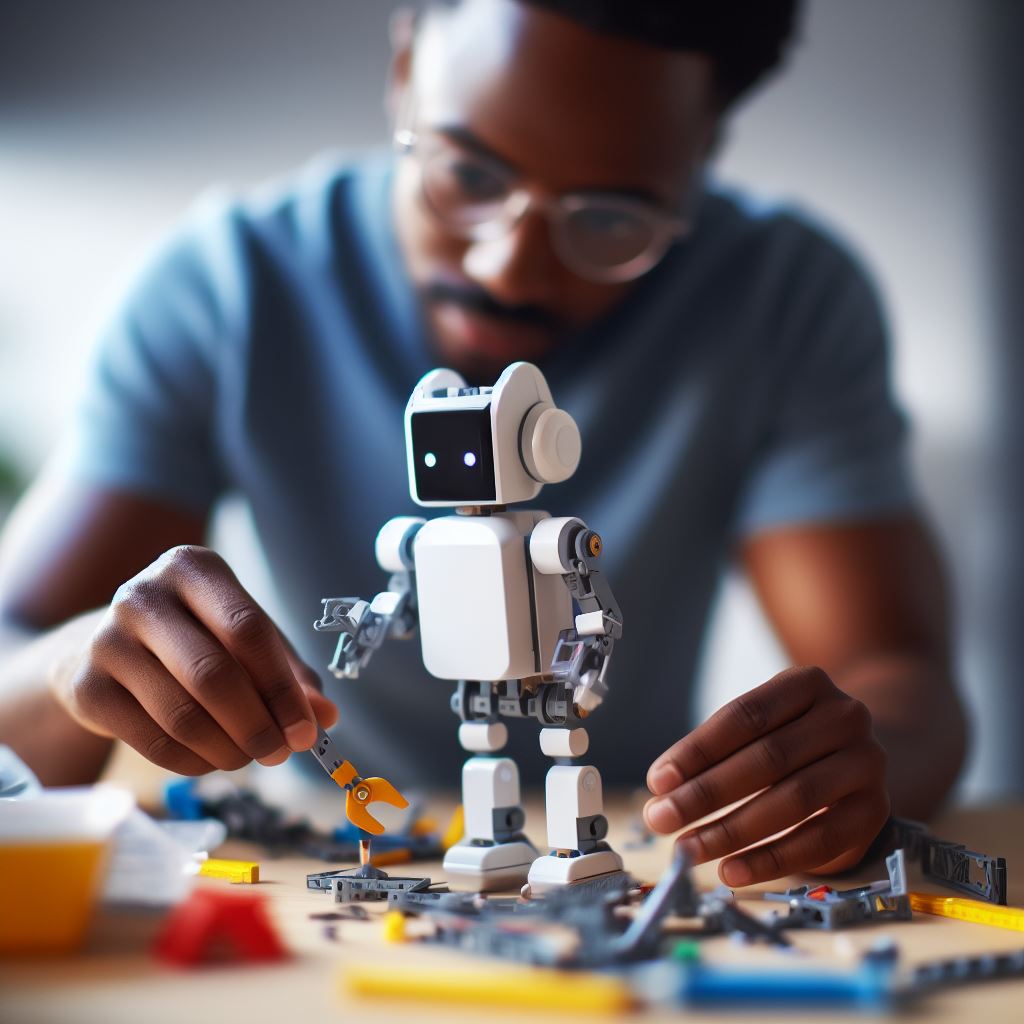 man assembling toy robot